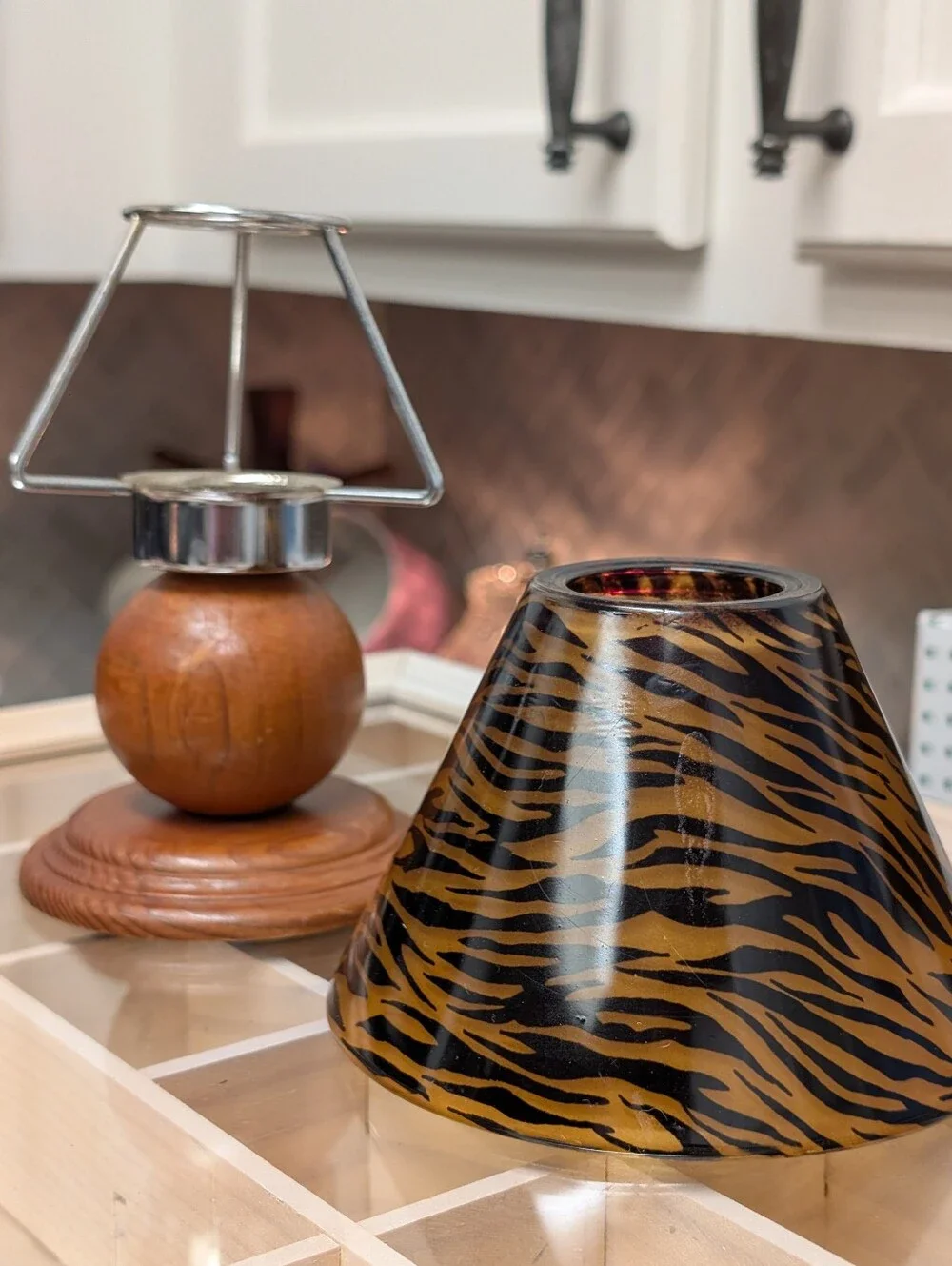 Amber Tiger-Print Tea Light Lamp With Wooden Base
